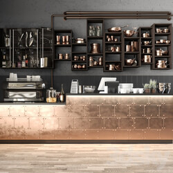 The bar counter in the restaurant with a copper decor and a coffee machine. Tableware 3D Models 