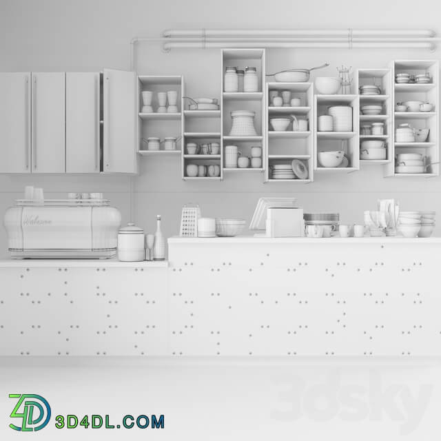 The bar counter in the restaurant with a copper decor and a coffee machine. Tableware 3D Models