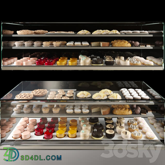 Showcase in a pastry shop with desserts sweets and other different cakes 4 3D Models