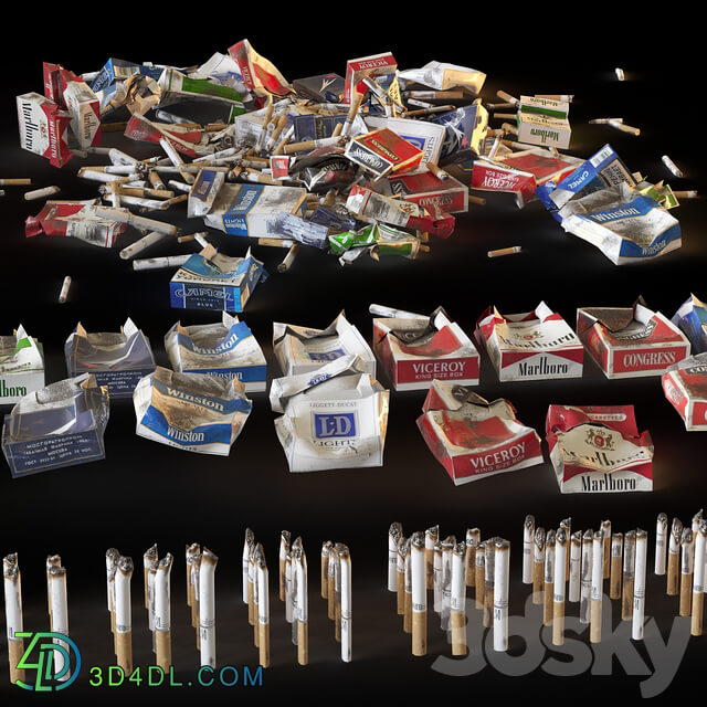Packs of cigarettes and cigarette butts 3D Models