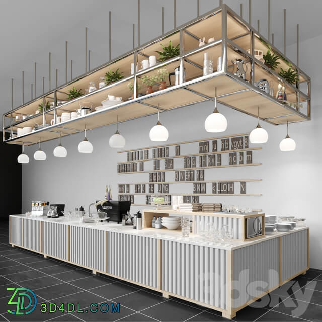 Design project of a coffee house in loft style with a coffee machine and dishes. Cafe 3D Models