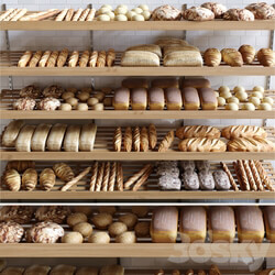 Rack with pastries in a bakery with bread loaf and buns. 3D Models 