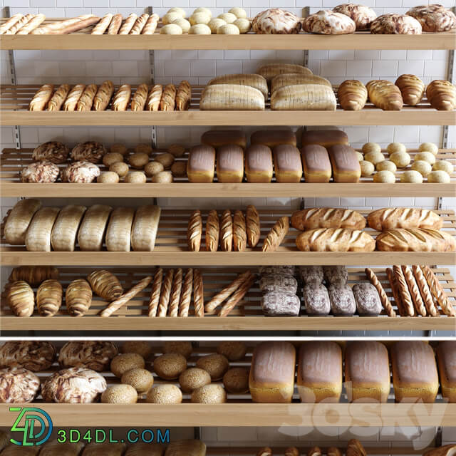 Rack with pastries in a bakery with bread loaf and buns. 3D Models