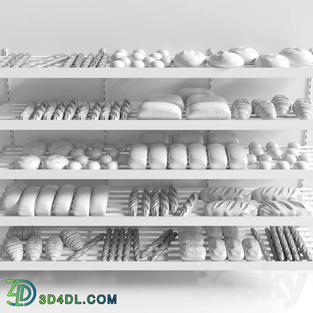 Rack with pastries in a bakery with bread loaf and buns. 3D Models