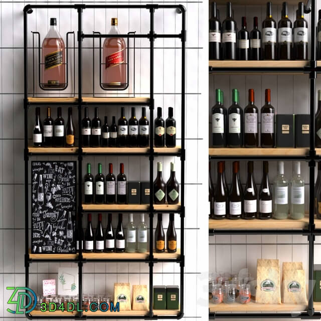 Wine shelf in a loft style supermarket with a collection of red wine. Wine 3D Models