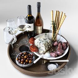 Cheese plate with sausages and wine. Alcohol 3D Models 