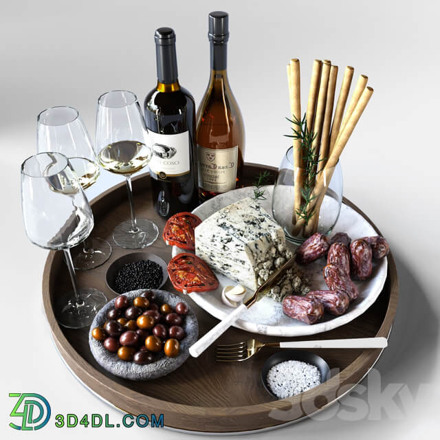 Cheese plate with sausages and wine. Alcohol 3D Models