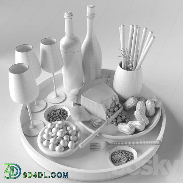 Cheese plate with sausages and wine. Alcohol 3D Models