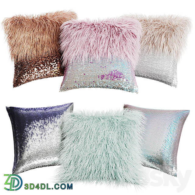 A set of decorative pillows with fur and sequins