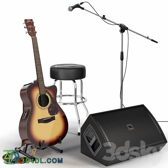 Guitar. Guitar set for stage. Musical instrument. Microphone 3D Models