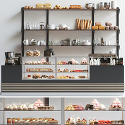 Design project of a coffee point in a minimalist style with a showcase with desserts and sweets. Cafe 3D Models 