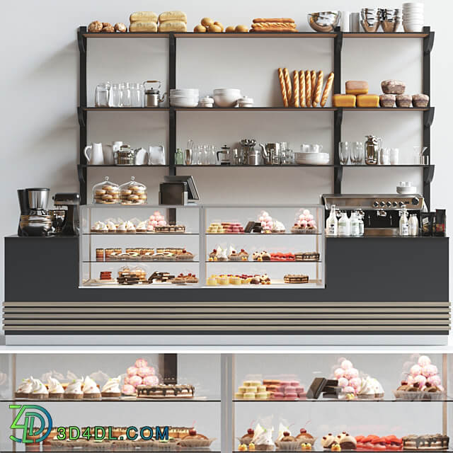 Design project of a coffee point in a minimalist style with a showcase with desserts and sweets. Cafe 3D Models