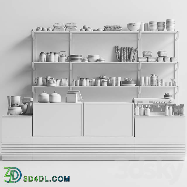 Design project of a coffee point in a minimalist style with a showcase with desserts and sweets. Cafe 3D Models