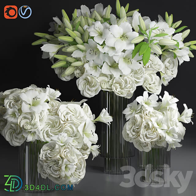 White Lily Tuberose Peony Camelia Bouquet Decorative Glass Vases Set 3D Models 3DSKY