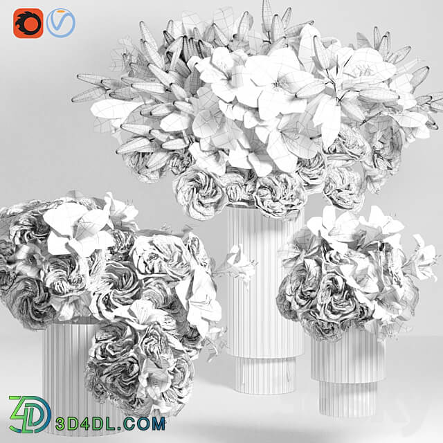 White Lily Tuberose Peony Camelia Bouquet Decorative Glass Vases Set 3D Models 3DSKY