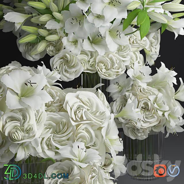 White Lily Tuberose Peony Camelia Bouquet Decorative Glass Vases Set 3D Models 3DSKY