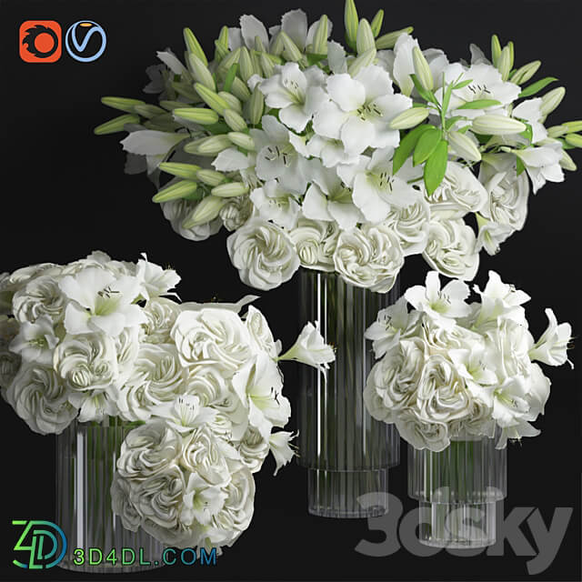 White Lily Tuberose Peony Camelia Bouquet Decorative Glass Vases Set 3D Models 3DSKY