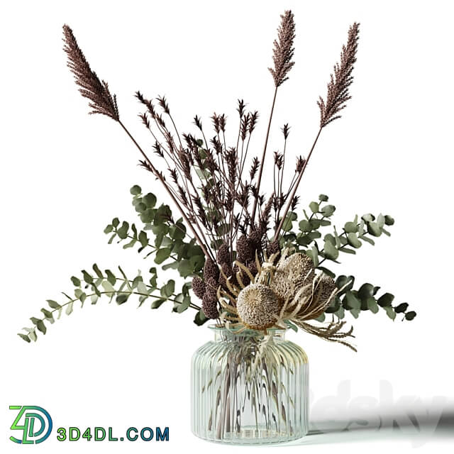 Bouquet with tall grass eucalyptus and bankxias in a ribbed glass vase