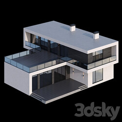 Modern two storey cottage with a flat roof and a large Bauhaus style terrace 3D Models 3DSKY 