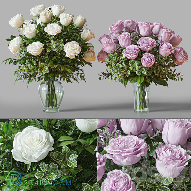 Flower Set 029 White and pink Rose 3D Models