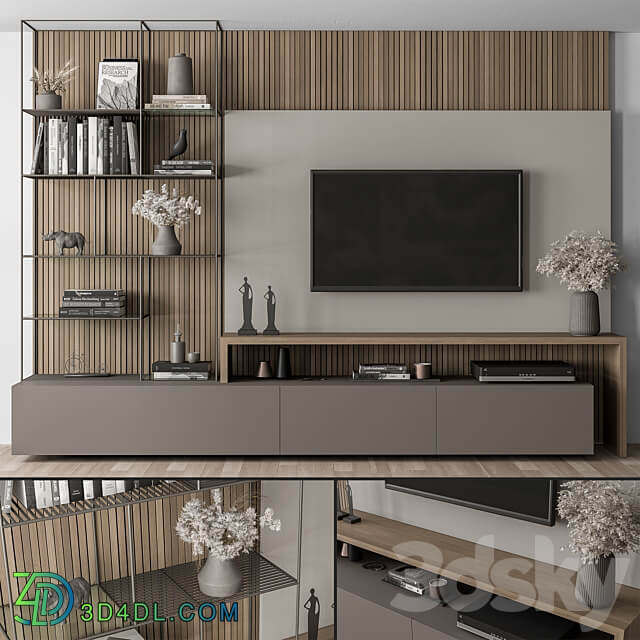 TV Wall Black and Wood Set 36 3D Models