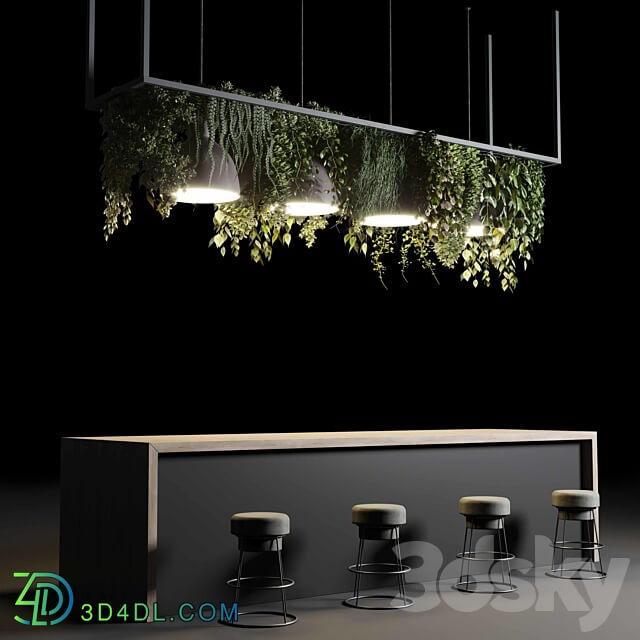 Coffee shop reception Restaurant counter by hanging plant 04 3D Models