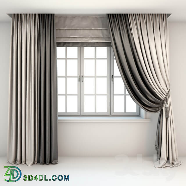 Two color curtains the floor is straight and with a pick up brush Roman curtains and a window