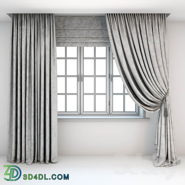 Two color curtains the floor is straight and with a pick up brush Roman curtains and a window