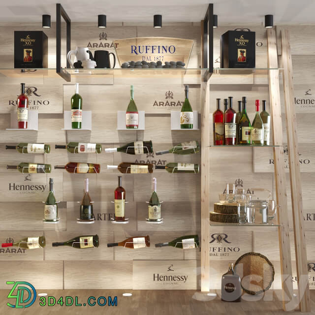 Showcase in a restaurant with collection wine. Red wine 3D Models