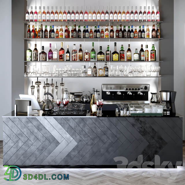 Bar counter with a collection of alcohol. Alcohol bar 3D Models