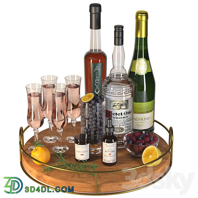 Alcoholic set with fruits. Sparkling wine 3D Models
