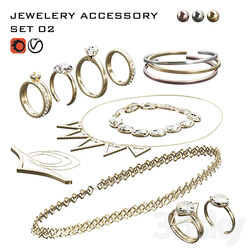 Complete set of gold and silver and crystal necklaces bracelets and wedding rings 3D Models 