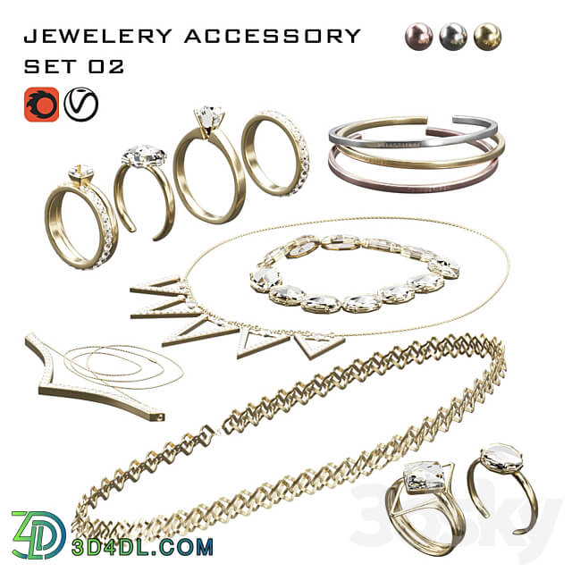 Complete set of gold and silver and crystal necklaces bracelets and wedding rings 3D Models
