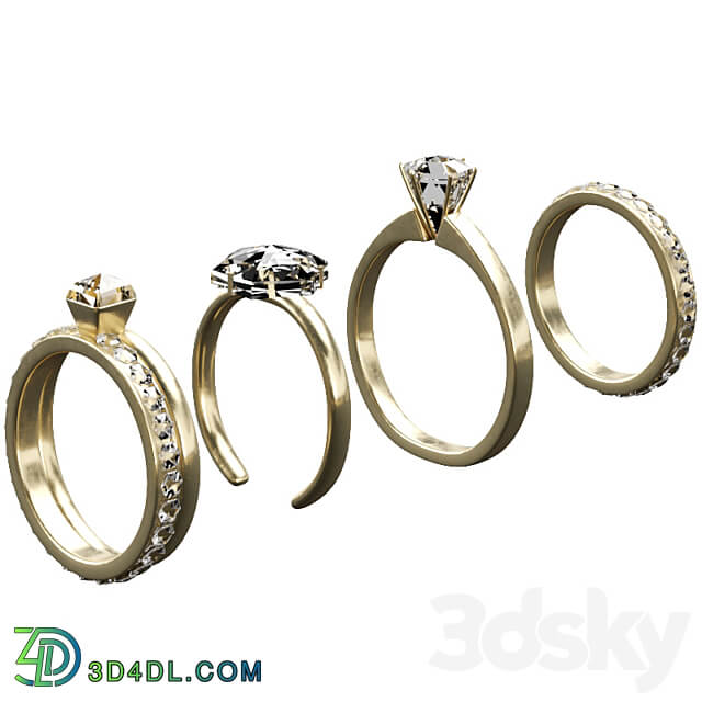 Complete set of gold and silver and crystal necklaces bracelets and wedding rings 3D Models