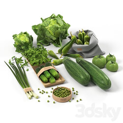 Set with green vegetables cabbage cucumbers peppers zucchini onions tomatoes peas 3D Models 