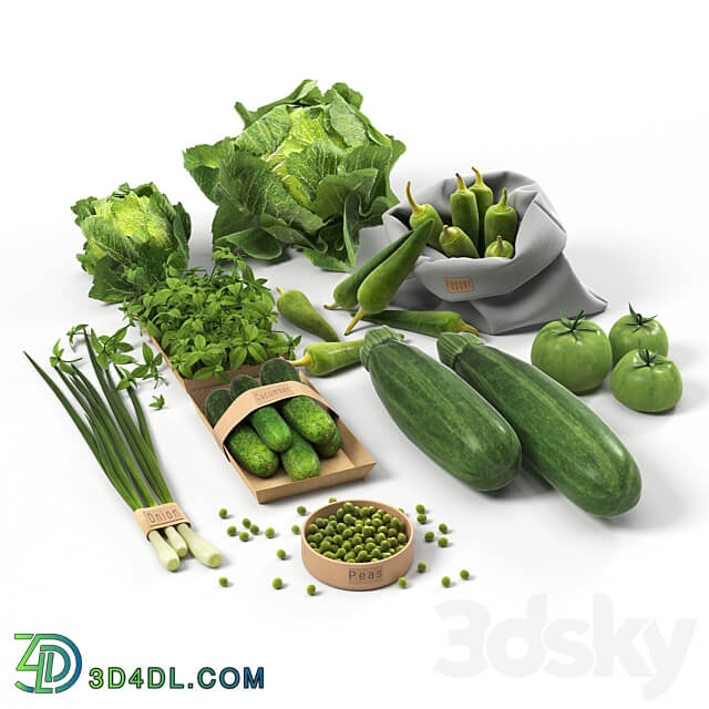 Set with green vegetables cabbage cucumbers peppers zucchini onions tomatoes peas 3D Models