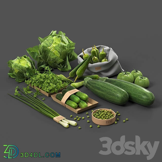 Set with green vegetables cabbage cucumbers peppers zucchini onions tomatoes peas 3D Models