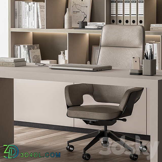 Boss Desk and Library Beige Office Furniture 319 3D Models