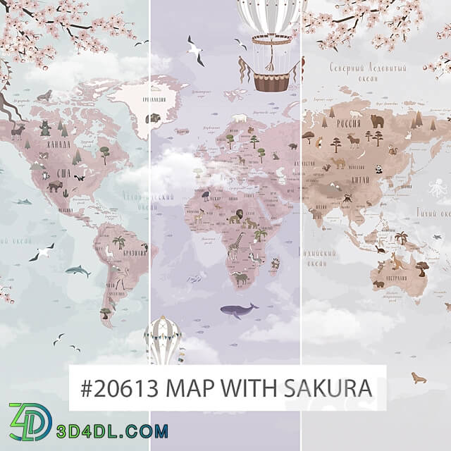 Creativille wallpapers 20613 World Map with Sakura 3D Models