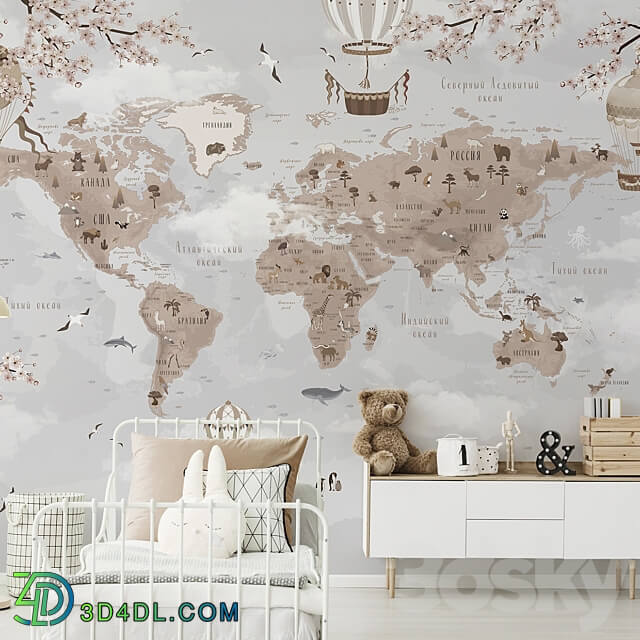 Creativille wallpapers 20613 World Map with Sakura 3D Models