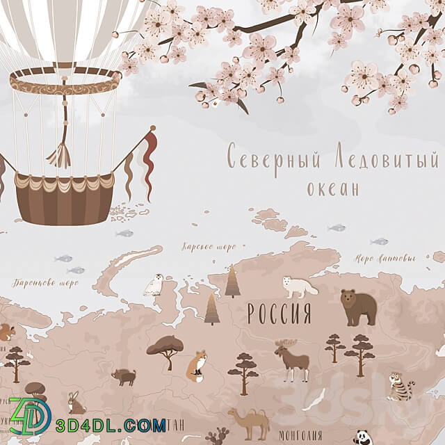 Creativille wallpapers 20613 World Map with Sakura 3D Models