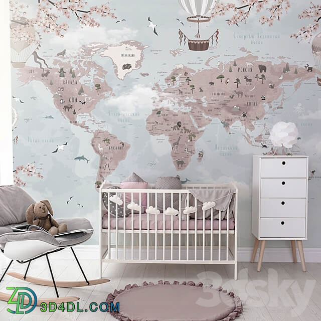 Creativille wallpapers 20613 World Map with Sakura 3D Models