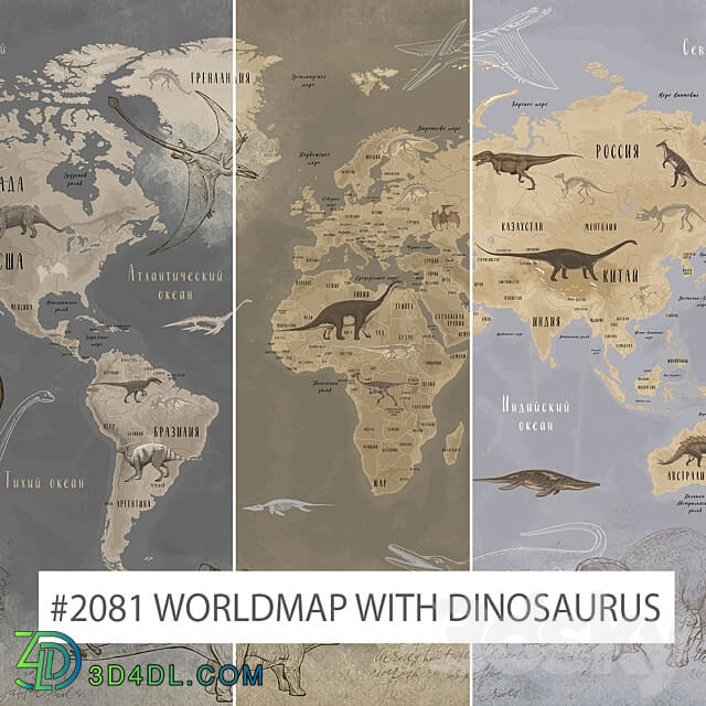 Creativille wallpapers 2081 Worldmap with Dinosaurus 3D Models