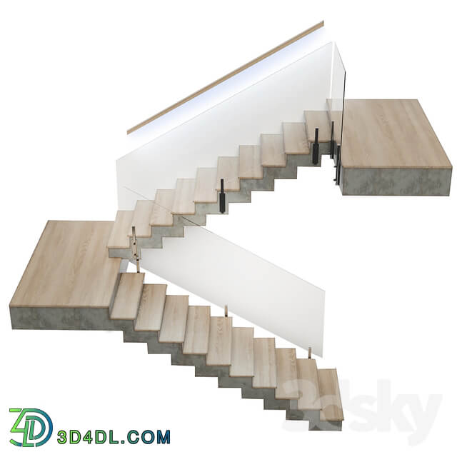 Stairs made of wood and concrete with built in LED illuminated handrail