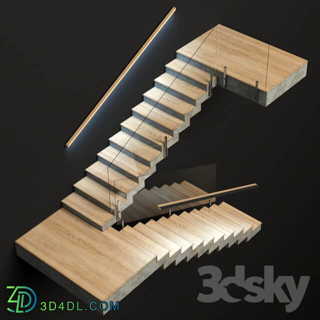 Stairs made of wood and concrete with built in LED illuminated handrail