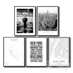 Black and white posters about the city of New York. 