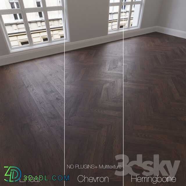 Wood Parquet natural Oak Whiskey 3 types. Linear chevron herringbone.