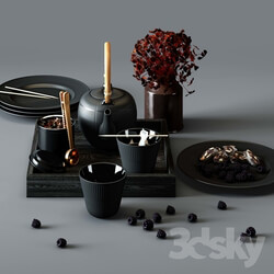 Tableware BLACK FLUTED set thermal teapot plates and cups 