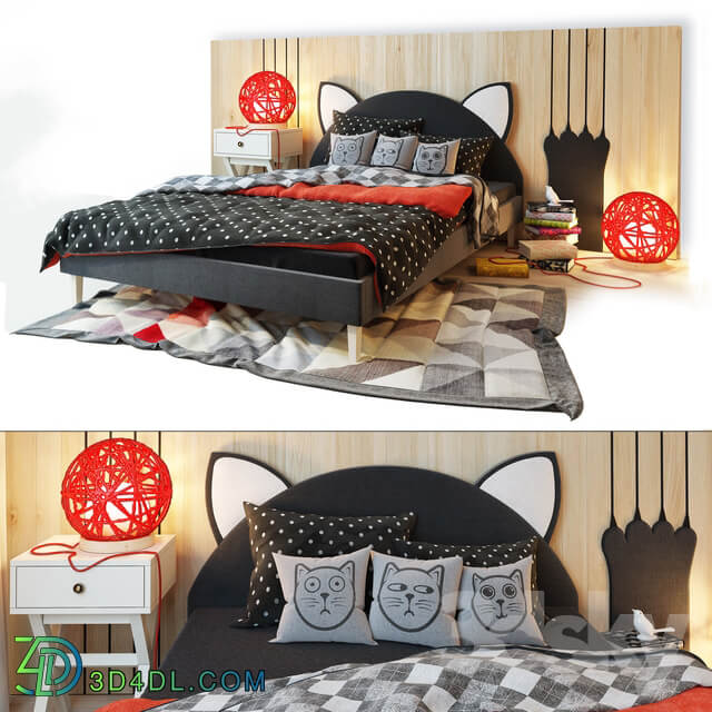 Bed and wooden panel. Kitten.LASKA Family