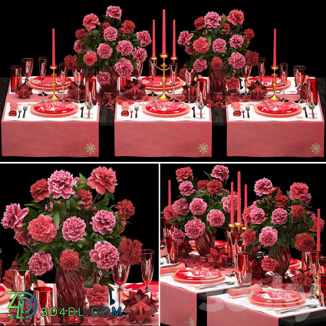 Table setting 5. ZARA HOME. appliances tablecloth decor bouquet of flowers peonies glass vase luxury decor table decoration cutlery candles stylish festive solemn 3D Models